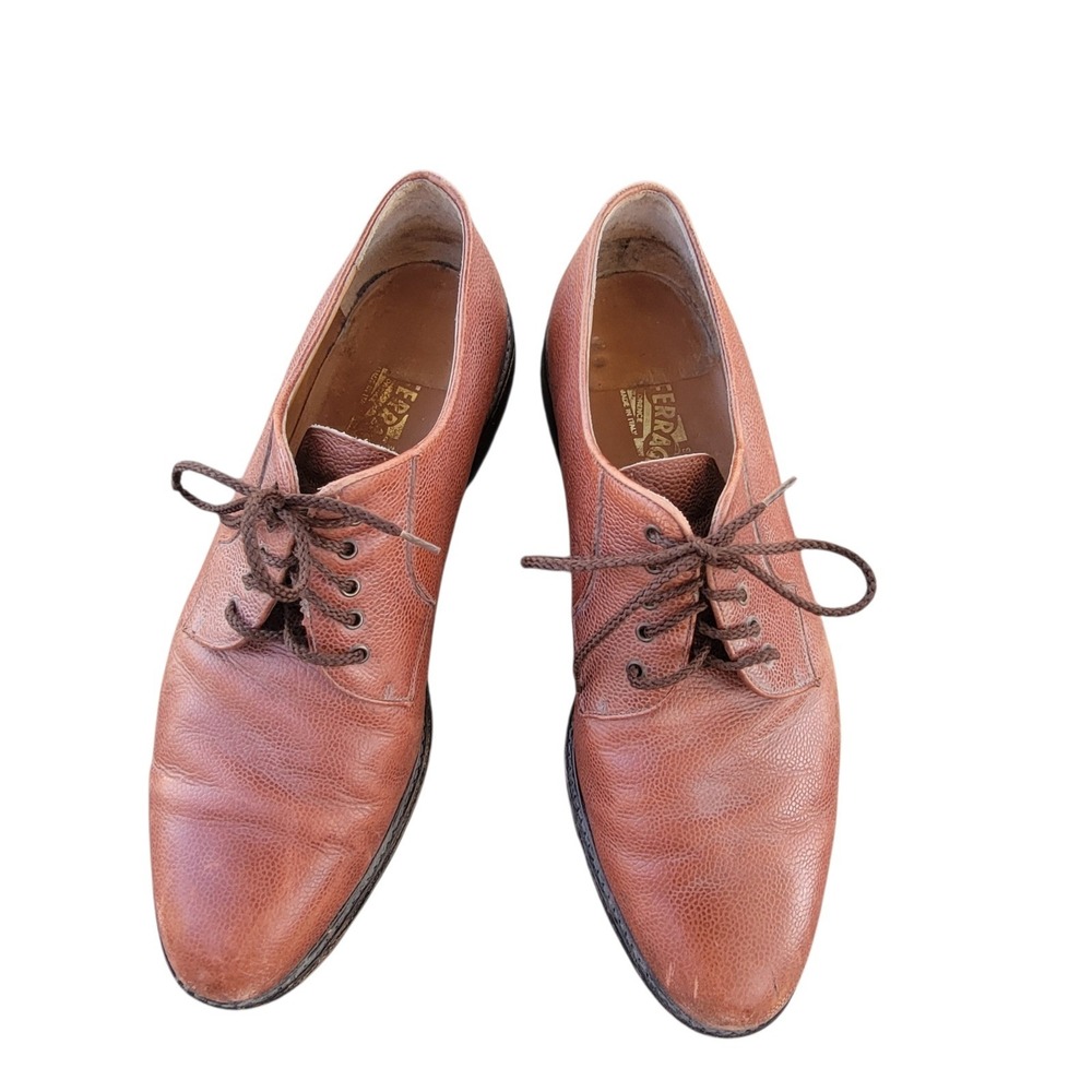 Salvatore‎ Ferragamo Mens Tan Pebble Grain Leather Derby Vibram Sole Shoes 13 D